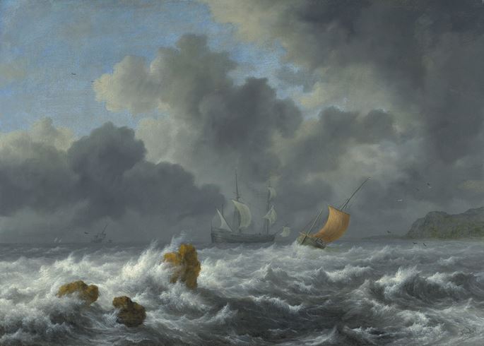 Jacob van Ruisdael - Sailing Vessels in a Stormy Sea   | MasterArt